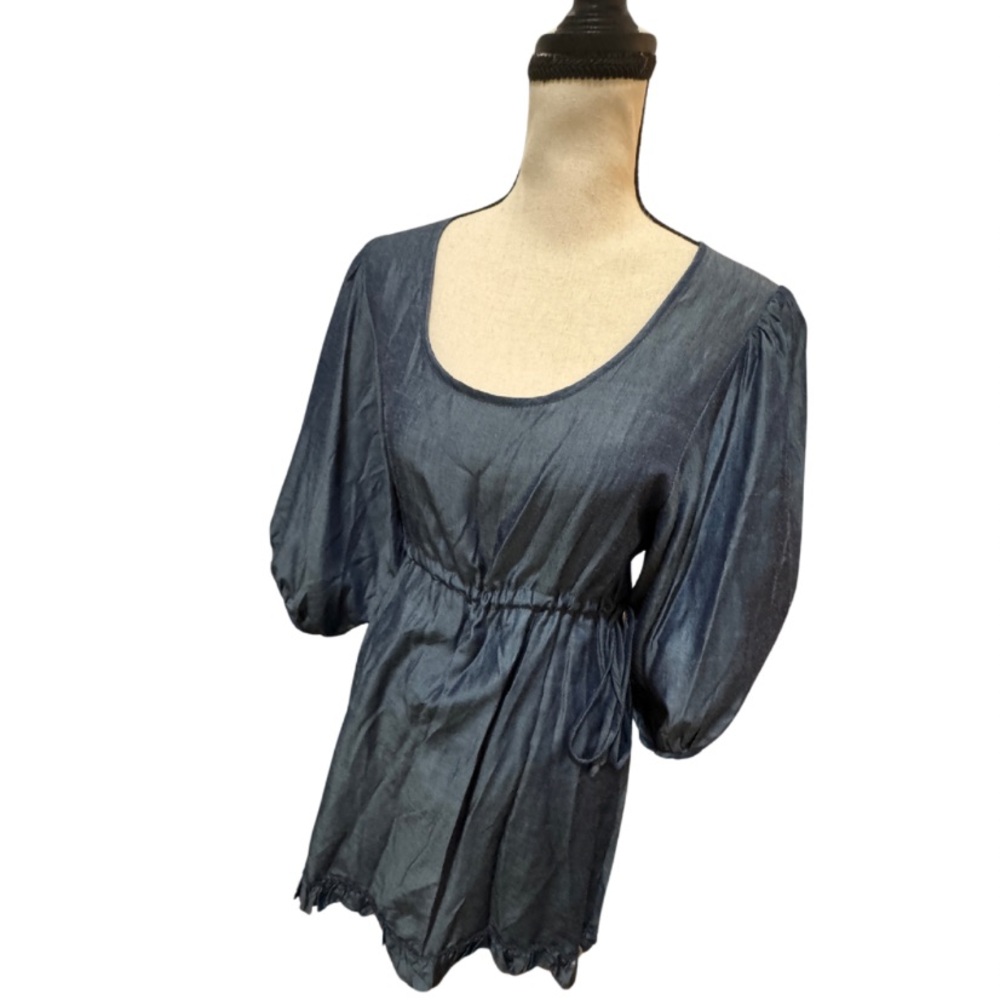 Chasensully chambray empire adjustable waist side tie silk bamboo dress Sz small - Picture 5 of 6